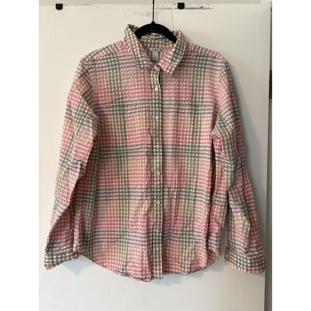 LL Bean Shirt Women Large Pink Plaid Vacationland Seersucker Preppy Granola Girl